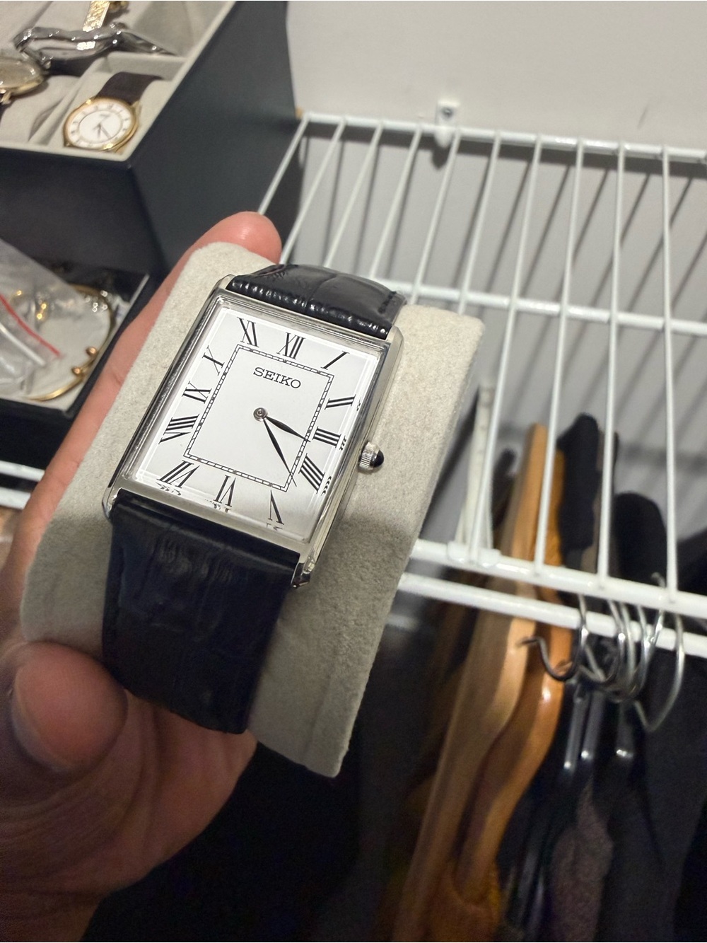 Seiko Silver Case White Dial Black Leather Strap Dress Watch